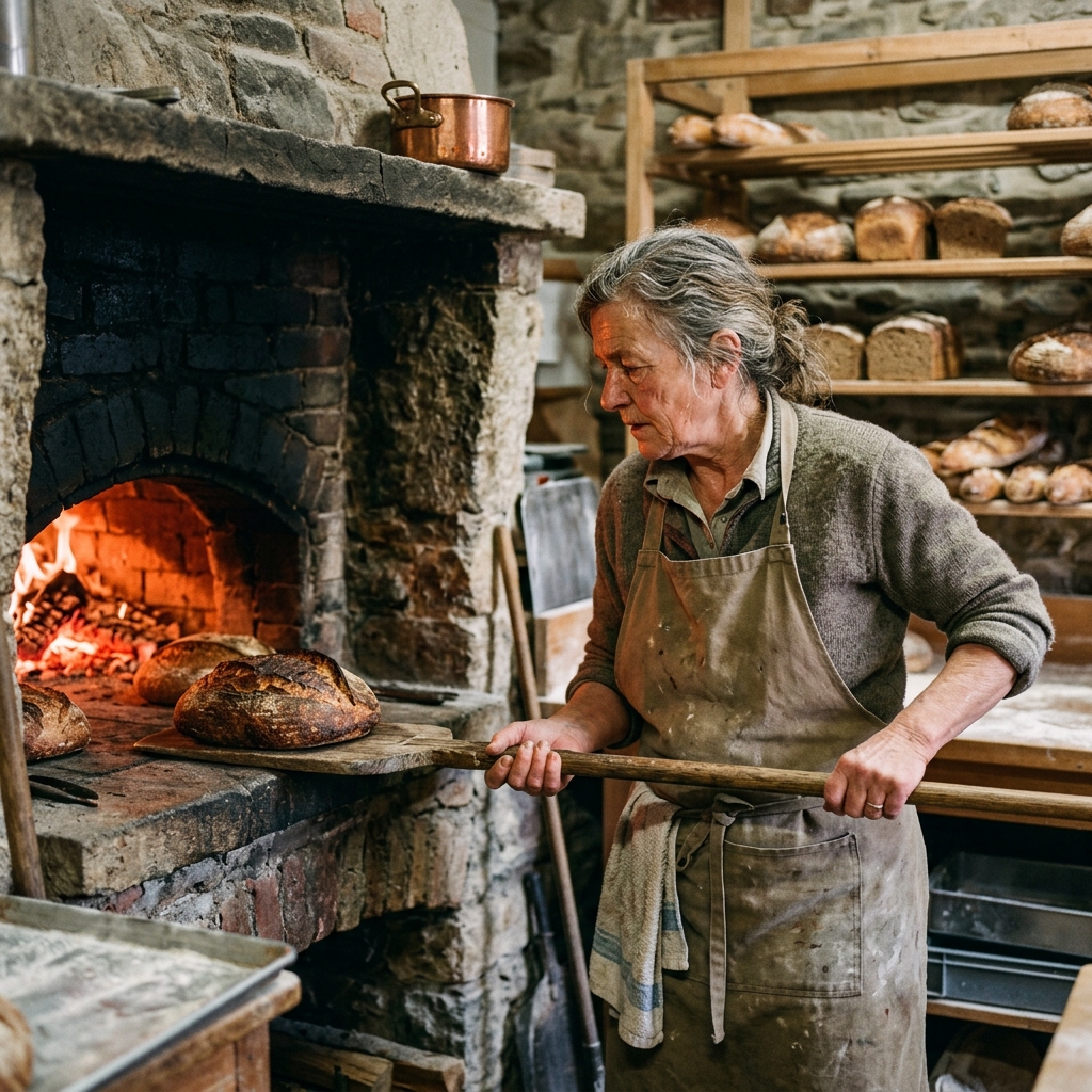 Baker drawing a loaf from the wood oven