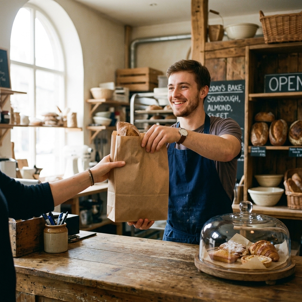 Handing a bag of bread to a customer