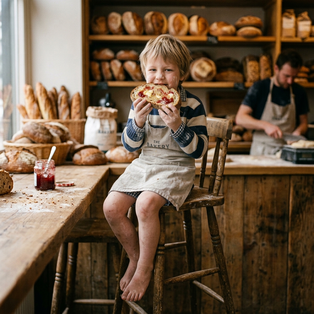 Child eating sourdough with jam