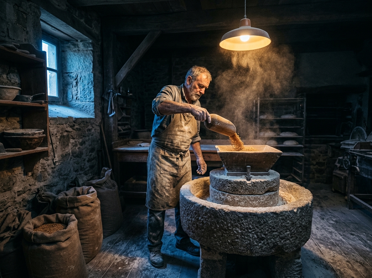 Baker pouring grain into a stone mill